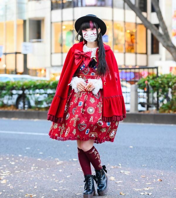 Angelic Pretty Lolita Street Style by RinRin Doll w/ Boater Hat, Lyra by Miki Celestial Earrings, Vivienne Westwood, Anna Sui, Cape Coat, AP Print Lolita Dress & Milk Boots