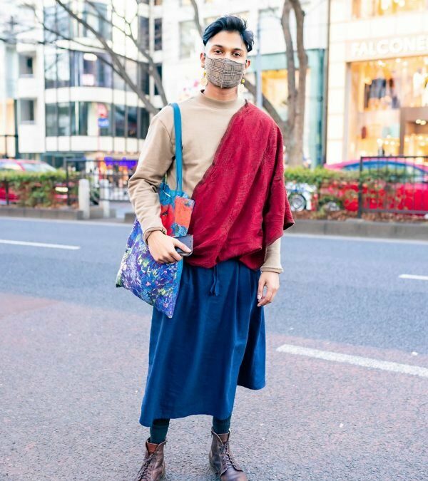 Tokyo Street Style w/ Plaid Mask, Shawl Over Sweater, Linen Skirt from Nepal, Painted Tote & Lace-Up Boots